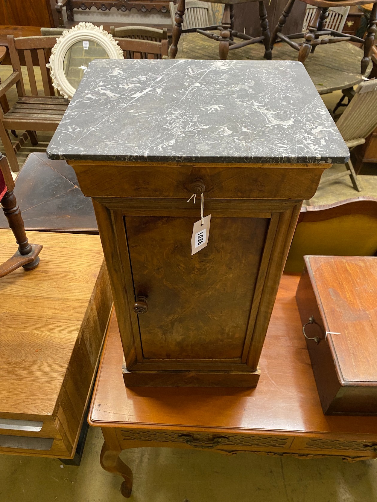 A 19th century French mahogany marble top bedside cabinet, width 40cm, depth 34cm, height 71cm